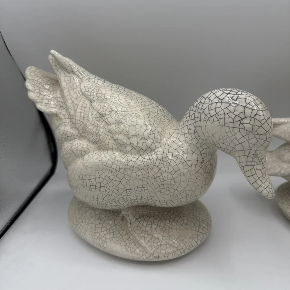 Vtg Set Of 2 Ducks Crackle Glaze Ceramic Statues Farm Decor White Mallard Large